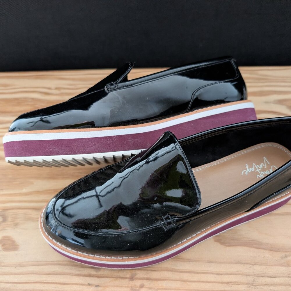 Crown Vintage Black Patent Platform Loafers with Purple and White Trim